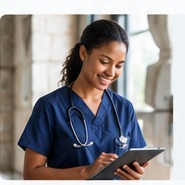 Paravet in scrubs using a tablet to support farmers